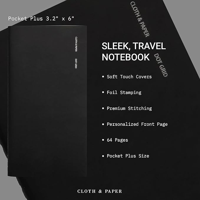 Cloth & Paper Travel Notebook | Dot Grid Journal – Avant Garde | Pocket Plus Dotted Notebook 3.2" x 6" | Bullet Journal for Planning, Sketching & Creative Notes for Work or School – Soft Touch Cover