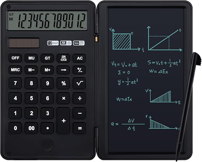Desk Portable Calculator with Notepad and Stylus, Large Basic Calculator, Solar Power, 12 Digit Large Display Multi-Function for Office, School, Home & Basic Financial (Black)