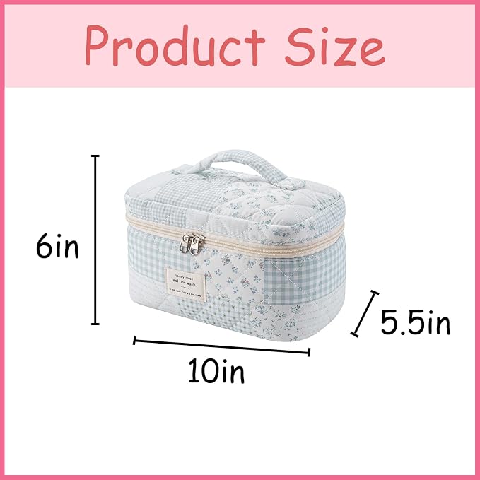 uekeboag Large Travel Quilted Makeup Bag for Women | Soft Floral Cotton Cosmetic Bag, Foldable Coquette Aesthetic Toiletry Organizer