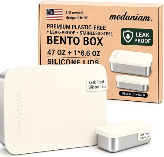 Modaniam Flexibento -Stainless Steel Lunch Box 47 OZ Set,Bento Box, Stainless Steel Lunch Containers, Leak proof Metal lunch Box, 1 * 47 OZ+ 1 * 6.5 OZ,Vanilla-47 OZ+ 6.5 OZ set