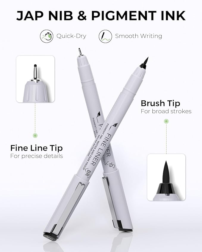 JusArt Fineliner Pens, 8 Sizes, Ultra Fine, Fine Point & Brush, Waterproof Black Pigment Ink Drawing Art Pens for Illustration, Sketching, Writing, Journaling, Bible Journaling, Technical Drawing Pens
