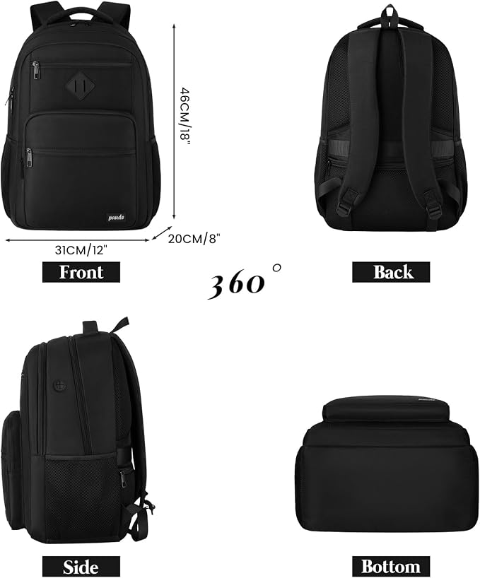 Paude Black Backpack,17.3 Inch School Backpack for Teens Adults Laptop Bookbag for High School College Students Back Pack for Work