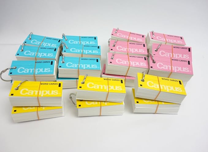 Kokuyo Campus Flash Cards with Binder Rings, Word Cards, Anki Cards, Mini Notecards, Medium Size 0.12''x 2.68'', 30 Packs in Blue, Pink and Yellow, Japan Import (TAN-101TSUME)