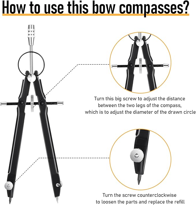 EBOOT Student Geometry Math Set, Metal Drawing Compass and 6 Inch Clear Swing Arm Protractors 180 Degree Math Protractor(Black)
