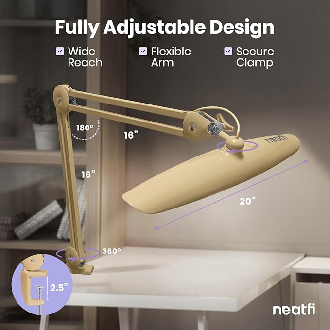 Neatfi XL 2200 Lumens 24W LED Desk Lamp – Shadow-Free Task Lighting | 4-Level Dimming | Home Office & Crafts Use | 20-Inch Wide Head (Gold, Non-CCT with Clamp)