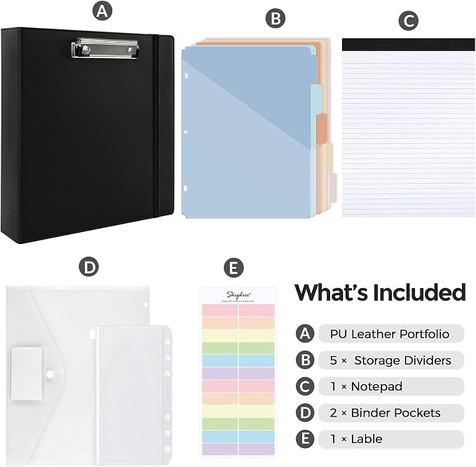 SKYDUE 3 Ring Binder with Clipboard, 2 Inch PU Heavy Duty Binder with Notepad & 5 Dividers with 5 Pockets, Labels, Clipboard Folder Great for School Office(Fit Letter Sized Paper)