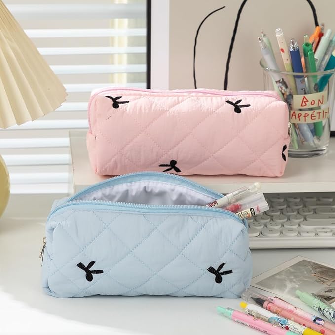 Carry bloom Pencil Pouch Cute Pencil Case for Girls Aesthetic Pencil Bag with Zipper Pen Cases School Supplies Makeup Bag (Bow pink)