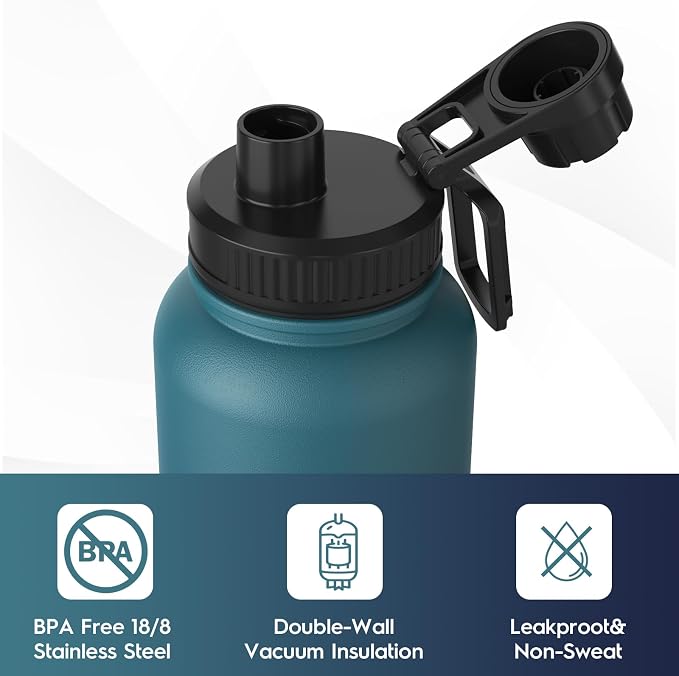 Navigate 32oz Insulated Water Bottle for Sports, Keep Cold 24H | 2-in-1 Spout and Handle Lids, Double Leak-Proof, 18/8 Stainless Steel, BPA-Free, Wide Mouth for Hiking,Blue Gradient