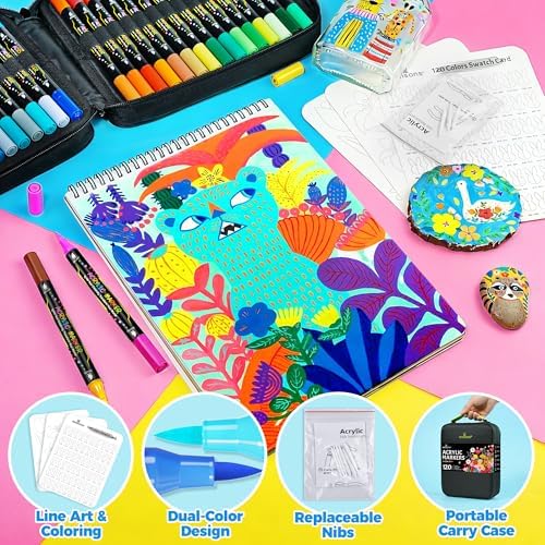 120 Colors Acrylic Paint Markers, Dual-Tip Brush Paint Pens for Painting
