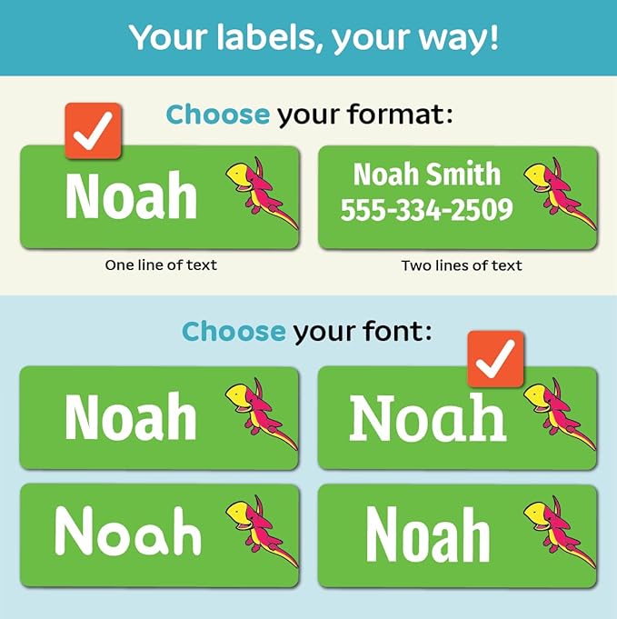 Kids Personalized Name Labels for School, Camp, Daycare (128 Labels) Custom Peel and Stick Waterproof Name Tags Stickers for Water Bottles, Lunch Boxes, Clothing, School Supplies (Dinosaur)