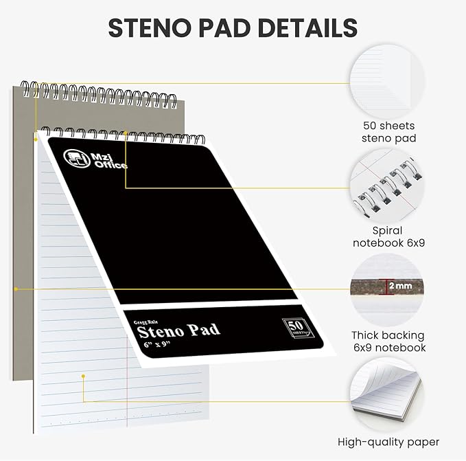 Steno Pads Spiral 6x9 12 Pack | Steno Notebooks Top Spiral Notepad | Steno Notepad 50 Sheets Each | Gregg Ruled Spirals Notebook 6x9 | Notebooks for Work.