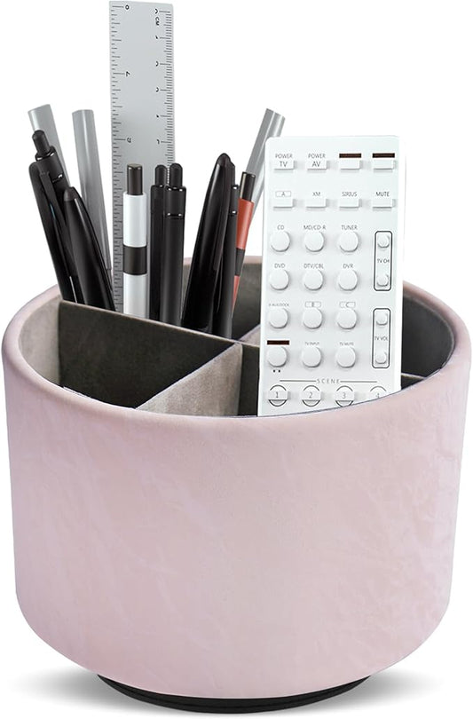 Round Leather Art Supply Organizer,Remote Control Holder,360 Degree Spinning,Multi-Functional Pencil Holder,4 Compartments Desktop Stationary Organizer(1-Hill Pink)