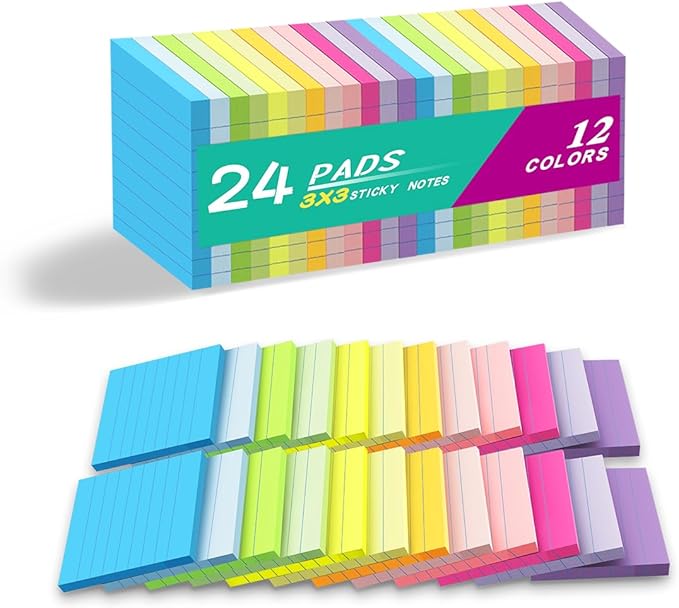 (24 Pack) Lined Sticky Notes 3x3 in,Notepads with Lines,Ruled Stickies Super Sticking Power,Office School Memo Note Pads Bright Colors,Post on Windows Doors,Recyclable,Easy to Write on