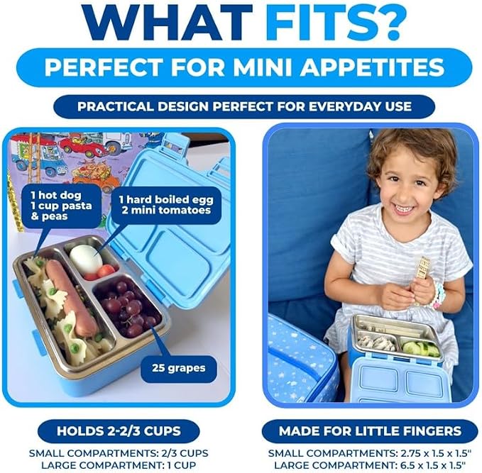 kinsho Small Stainless Steel Lunch Box for Baby Toddlers, Blue Cute Monster | Mini Bento, 3 Eco Metal Portion Sections, Silicone Seals, Leakproof Lid, Spill-Proof Boys Meal Container Daycare Pre-School