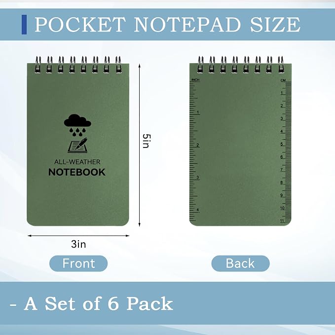 COIDEA 6 Pack Waterproof Notebook, 3 x 5 Pocket Notepad, Top-Spiral NotePad