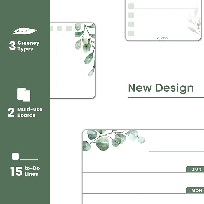 ALEZEL Weekly Calendar Whiteboard for Refrigerator, Magnetic Weekly Planner for Fridge - Set of Greenery Dry Erase Menu Board & 2 to Do List, 3 Markers + Eraser