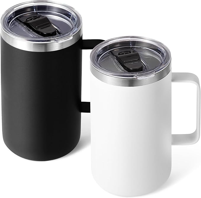 Volhoply 22oz Insulated Stainless Steel Coffee Mugs with Leakproof Lid Bulk 2 Pack,Double Wall Vacuum Travel Coffee Cup with Handle,Reusable Metal Tumbler,Camping Mug Keep Hot&Cold(Assorted,2)