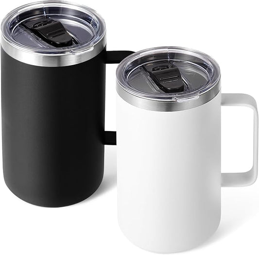 Volhoply 22oz Insulated Stainless Steel Coffee Mugs with Leakproof Lid Bulk 2 Pack,Double Wall Vacuum Travel Coffee Cup with Handle,Reusable Metal Tumbler,Camping Mug Keep Hot&Cold(Assorted,2)
