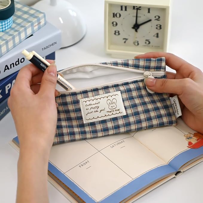Monolike_Fabric/Cushion Pencil case (Unmatched Friends Fabric Check Pencil Case Series. 2, Vintage blue)
