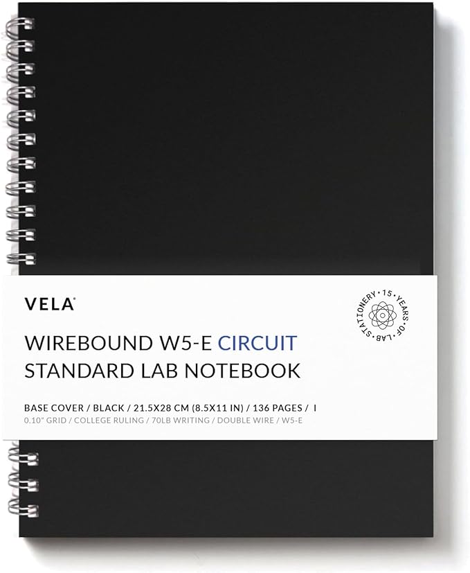 Vela Sciences W5 Wirebound Lab Notebook, 8.5 x 11 in (21.5 x 28 cm), 128 Pages, Double Wire Looped, 70lb Heavyweight Paper (1-Pack, Precision Grid/Ruled)