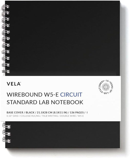Vela Sciences W5 Wirebound Lab Notebook, 8.5 x 11 in (21.5 x 28 cm), 128 Pages, Double Wire Looped, 70lb Heavyweight Paper (1-Pack, Precision Grid/Ruled)