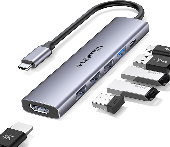 LENTION USB C Hub Multiport Adapter with 100W Charging, 4K HDMI, 4 USB-A Data Ports, Type C Hub for 2016-2026 MacBook Pro/Air/Neo, Surface, Chromebook, USB Splitter for iPhone 15-17 (CH17, Space Gray)