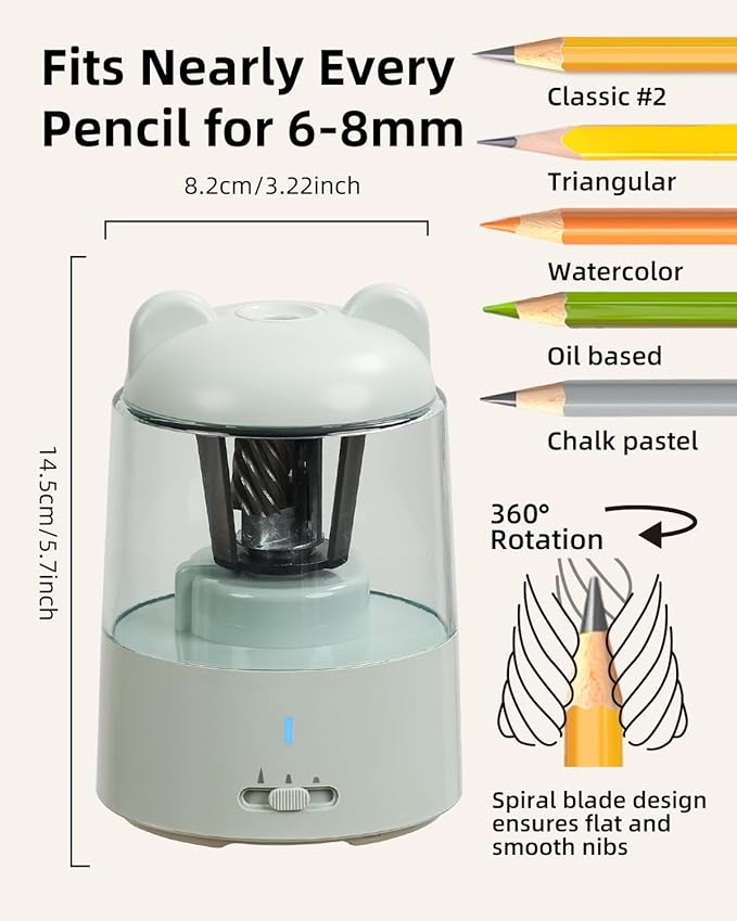 ZMOL Colored Pencil Sharpener, Rechargeable Electric Pencil Sharpener, Auto Stop, Pencil Sharpeners for Battery Powered Cute for Kids Gift No.2/Colored Pencils (6-8mm), Classroom/Office/Home Blue