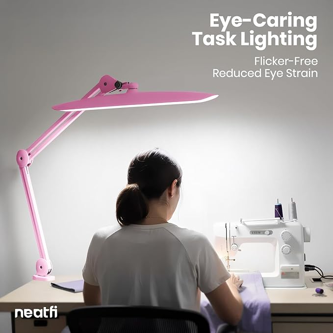 Neatfi XL 2200 Lumens 24W LED Desk Lamp – Shadow-Free Task Lighting | 4-Level Dimming | Home Office & Crafts Use | 20-Inch Wide Head (Pink, Non-CCT with Clamp)