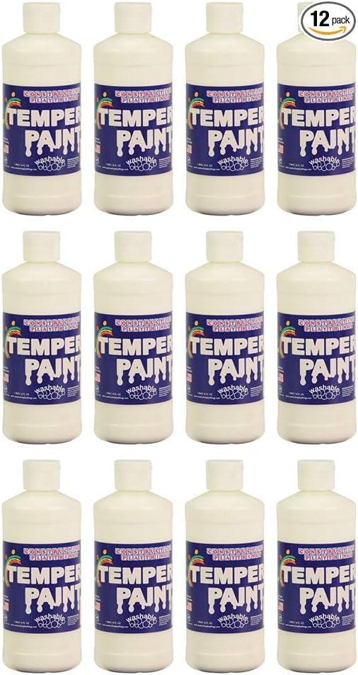 Constructive Playthings Washable Tempera Paint for Kids, Classroom Painting Supplies, Set of 12 Pints, White