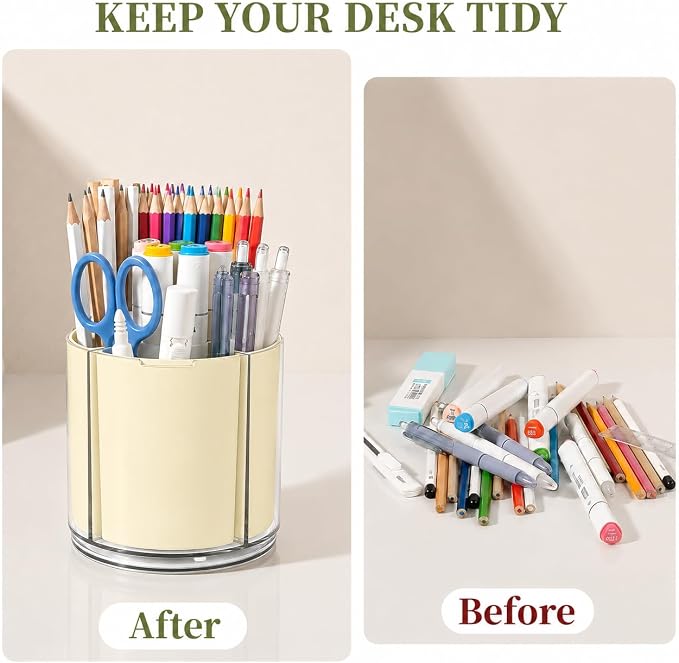 360° Rotating Pen Holder for Desk Adjustable Pencil Organizer, Beige | Plastic Pen Cup for Women Cute Office Supplies and Accessories Desktop Storage Box Art Caddy for School, Work, Home