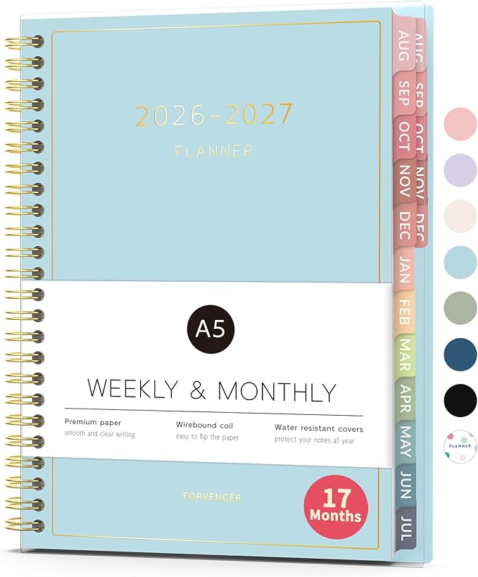 Aug 2026 - Dec 2027 Planner, Forvencer 17 Month Academic Planner 2026-2027, 6.3" x 8.4", Calendar Planner Weekly and Monthly, Daily Agenda Book, College School Supplies for Student Teacher, A5, Blue