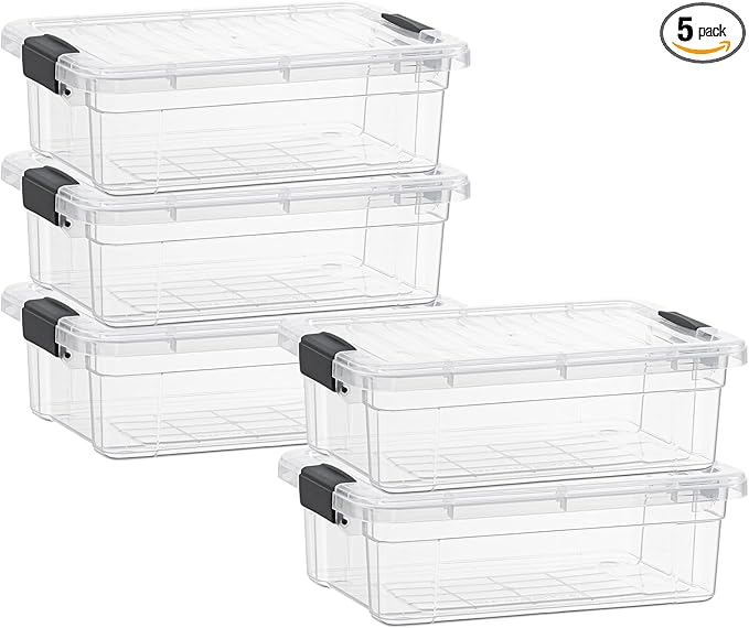 Superio Clear Storage Boxes with Lids, 1.27 Quart Plastic Container Bins for Organizing, Stackable Crates, BPA Free, Non Toxic, Odor Free, Organizers for Home, Office and Dorm, 5 Pack