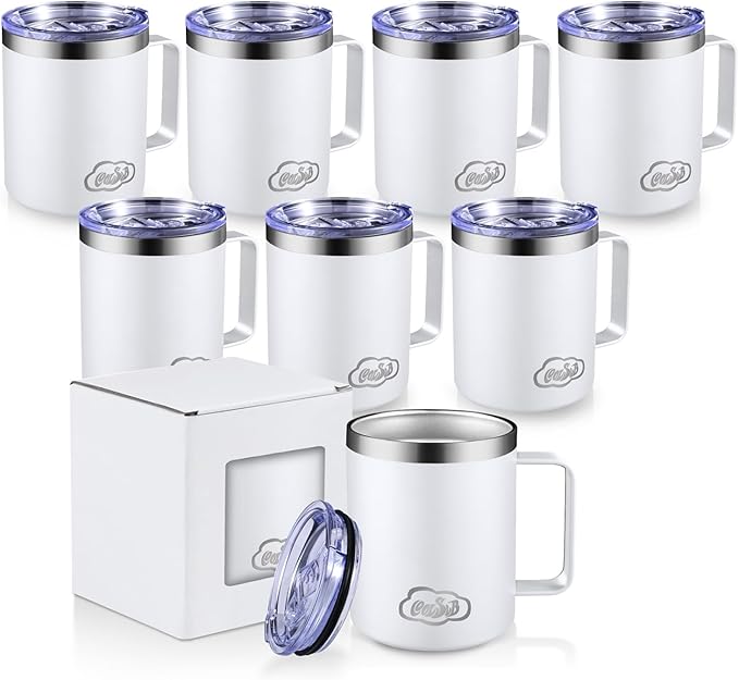 12oz Insulated Coffee Mug with Handle, Stainless Steel Wide Mouth Travel Tumblers with Lid, Double Wall Vacuum Coffee Cup for Camping, Office, White 8 Packs