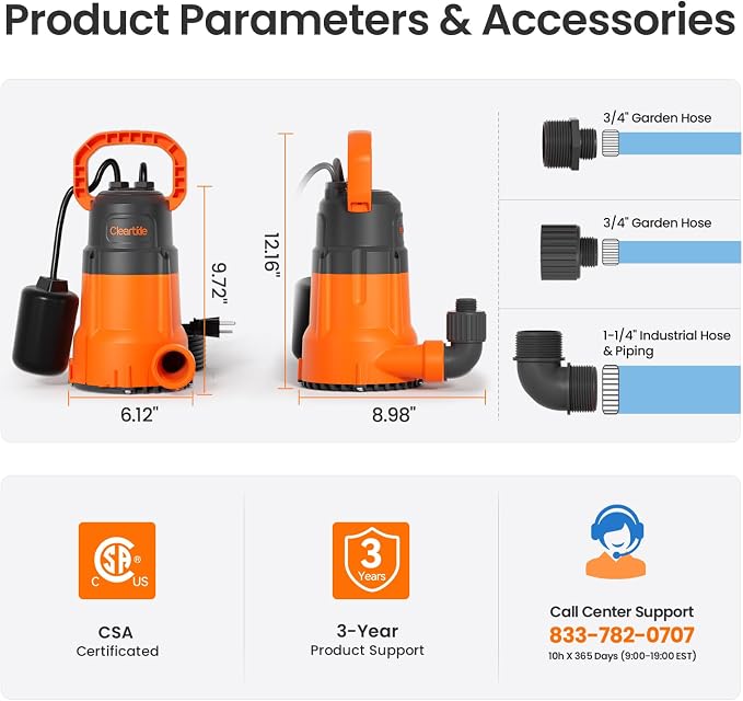 Submersible Utility Pump with Float Switch, 2160 GPH High Flow, Water Pump with Copper Motor, Ideal for Yard and Flooded Cellar, Hot Tub, Garden Irrigation