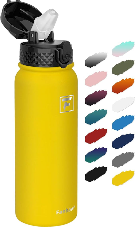 Fanhaw 20 Oz Kids Insulated Stainless Steel Water Bottle with Straw Lid, Leakproof & Anti-Dust Everyday Use Bottle for School, Women & Men, Back to School Essentials (Yellow)