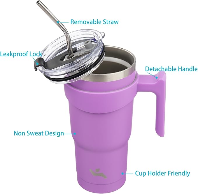 Konokyo 20 oz Tumbler with Handle and 2 Straw 2 Lid, Insulated Water Bottle Stainless Steel Vacuum Cup Reusable Travel Mug,Lavender