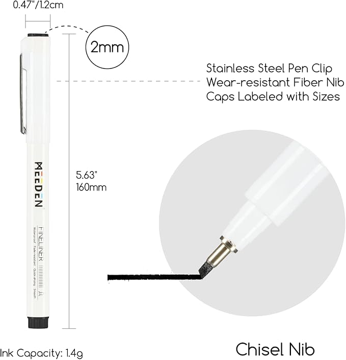 MEEDEN Micro Fineliner Drawing Pens: 2mm Chisel Nib, 6 Pack, Black Ink