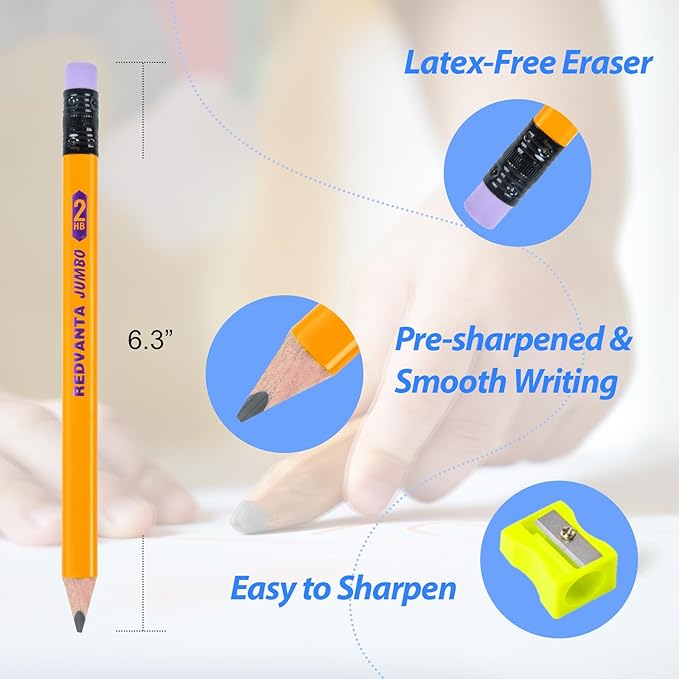Jumbo HB Pre-sharpened Pencils #2 for Toddlers Preschoolers First Writing, Thick Triangular Grip Fat Pencils with Latex-Free Erasers, Break-Resistant, Back to School Supplies, 12 Count