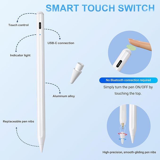 2 Pack Stylus Pen for iPad: Fast Charge for iPad Pencil Apple Pen with Palm Rejection Tilt Sensitivity - Pen for iPad 10/9/8/7/6, iPad Pro 12.9"/11"/13" M4, iPad mini 6/5, iPad Air 5/4/3/11"-13" M2