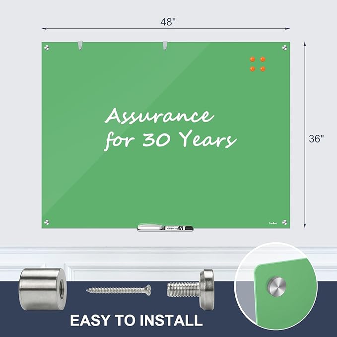 Glass Whiteboard, 48x36 Inches Magnetic Glass Dry Erase Board, Green Large White Board for Wall Office School Classroom Home, 4x3 Feet Big Dry Erase Board Wall Mounted