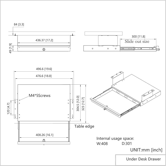 Under Desk Lockable Sliding Out Drawer with Cable Management, 17 inch Wide Office Storage Organizer for Standing Desks or tables with a Crossbar less than 3.2" High, 12 Inch Deep