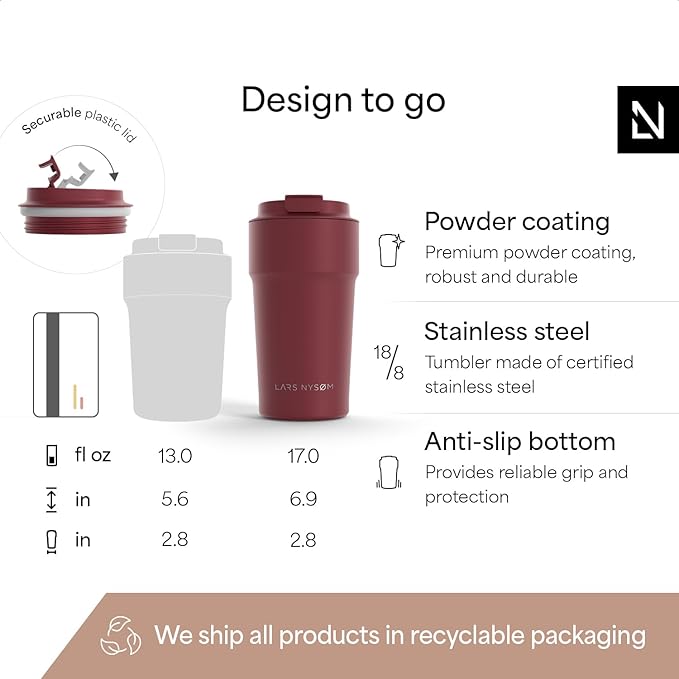 LARS NYSØM Thermo Coffee Mug to go 17oz | Travel Mug 0.5 Liter with Insulation | Silicone grip base | Leak Proof Stainless Steel Tumbler for Coffee and Tea on the Go (Powder Berry Red, 17oz)