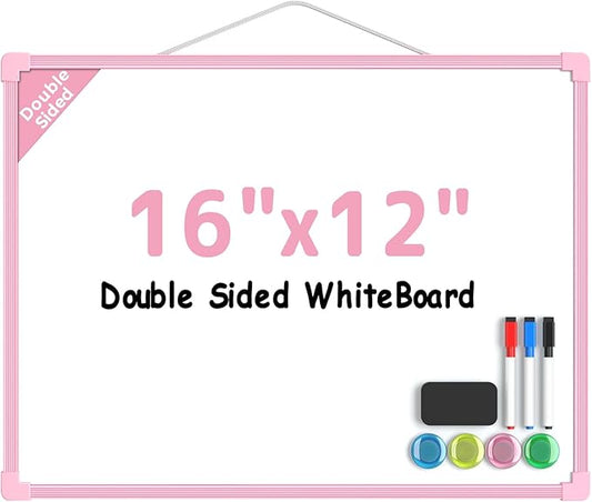 MaxGear Double-Sided Dry Erase Board for Wall, 16"x12" Hanging Whiteboard, Small Dry Erase White Board, Portable Whiteboard for Planning, Drawing, Memo, to Do List, Pink Frame