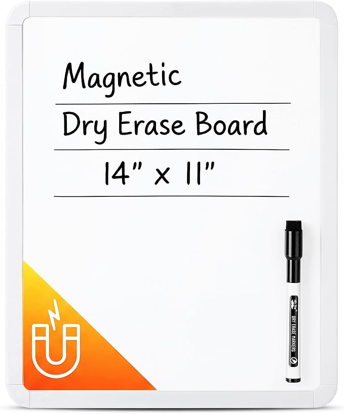 Mr. Pen- Dry Erase Board, 14” x 11” with a Black Dry Erase Marker, White Frame, Small Mini White Board for Students, Fridge, Wall, Locker, Includes Double Sided Tapes