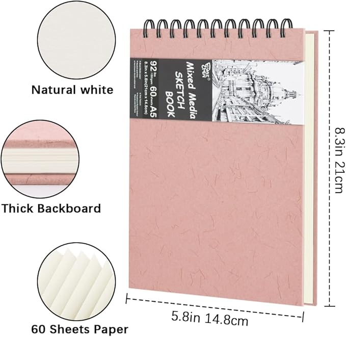 8.3" x 5.8" Hardcover Sketchbook, Top Spiral Bound Art Journal Sketchbook, 60 Sheets 92LB/150 GSM Acid-Free Drawing Neutral White Mixed Media Paper for Adults Beginners Artists.Pink