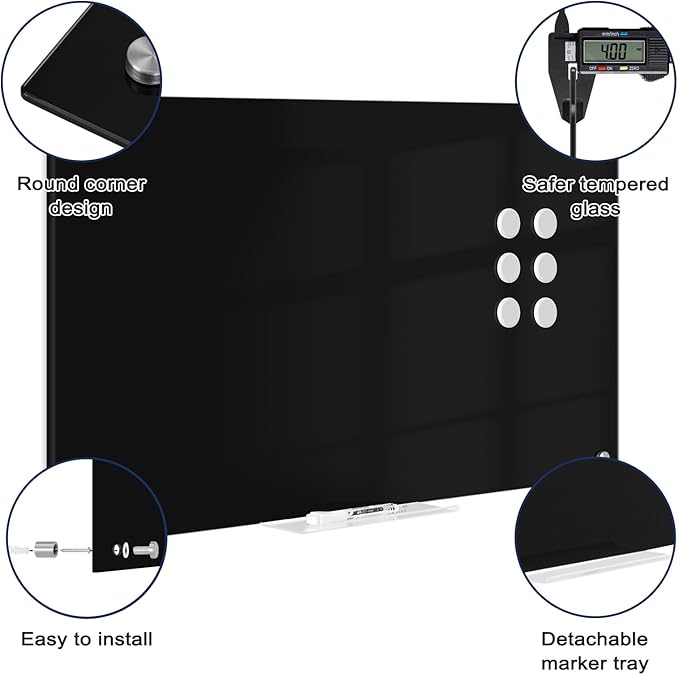 Black Dry Erase Board, 8' x 4' Magnetic Glass Whiteboard for Wall,96" x 48" Large Black Glass Magnetic Board with 1 Marker Tray and 10 Magnets for Office, Home, Classroom