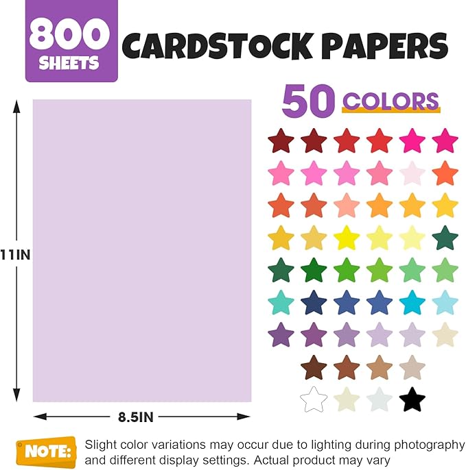 800 Sheets 8.5" X 11" Colored Cardstock, 50 Assorted Colors Construction Paper Card Stock Printer Paper for Printing, Card Making, DIY Crafts, School Supplies,Party Decorations (180GSM/65LB)