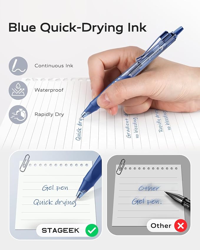STAGEEK GX1 12 Pack Blue Gel Pens, Quick Dry Blue Ink Pen, 0.5mm Fine Point Retractable Smooth Writing Pens for Journaling, Writing, Business Gel Pen for Office School & Home Supplies(Blue)