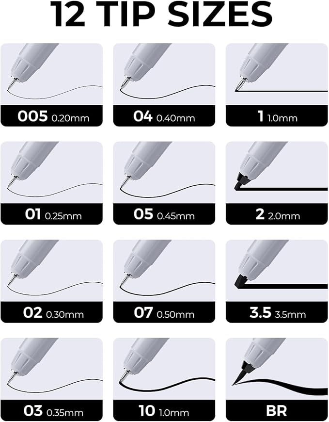 JusArt Fineliner Pens, Ultra Fine, Fine, Brush & Chisel, 12 Sizes, Waterproof Black Pigment Art Pen for Artists, Crafters, Illustration, Sketching, Writing, Bible Journaling, Technical Drawing Pens