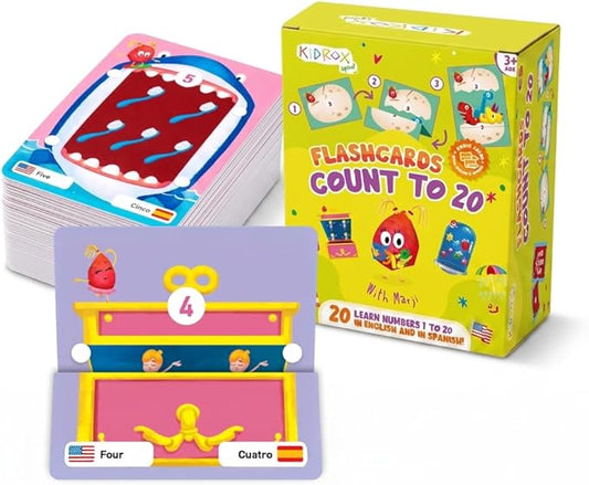 KIDROX Count to 20 Flashcards – Open & Discover Hidden Surprises! Learn Numbers 1–20 in English & Spanish with Marji | 20 Fold-Out Cards | Fun Counting Game for Kids 3+
